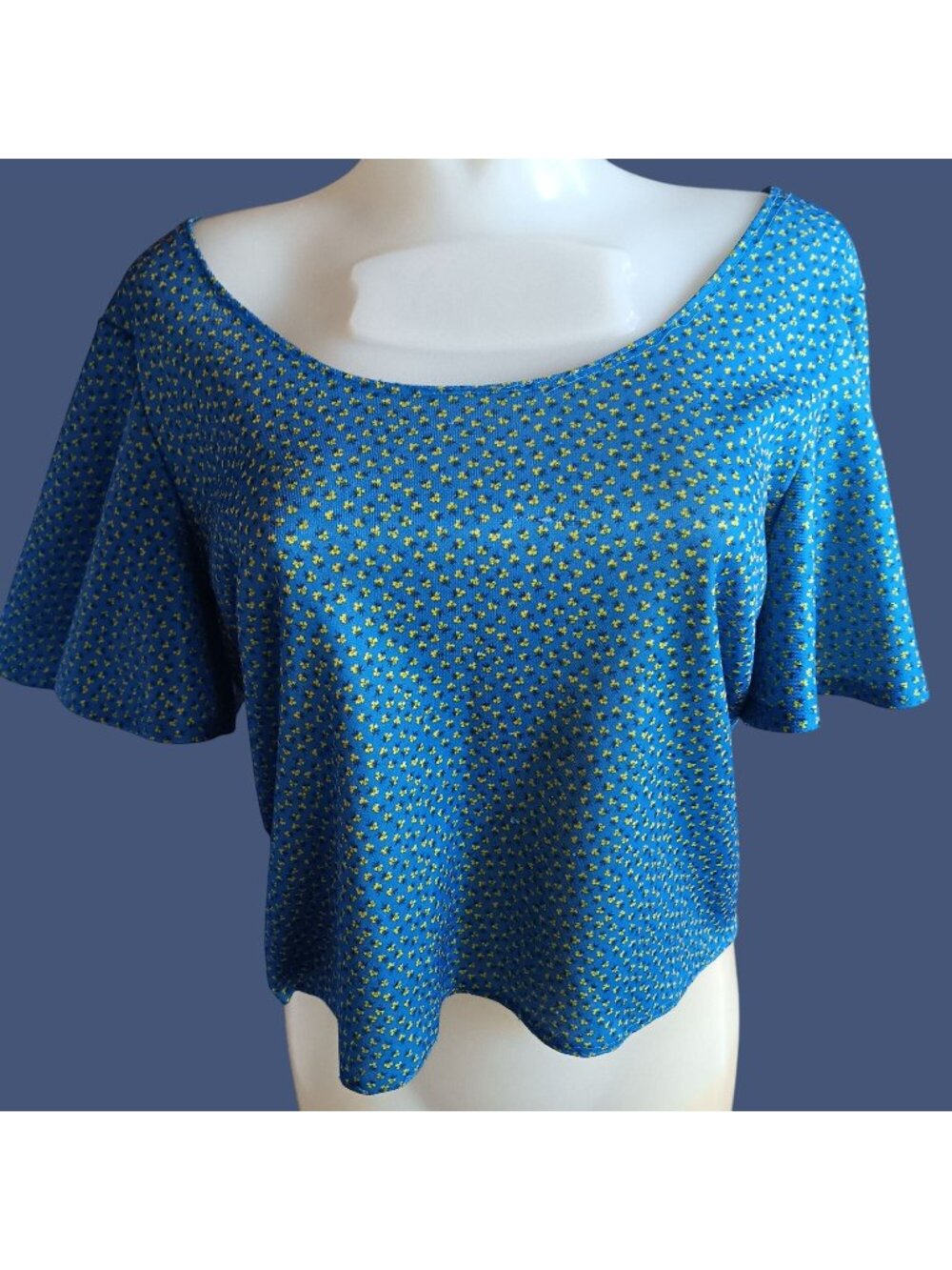 True Vintage Medium Crop Peasant Top 1of1 Handmade 1970's Blue Yellow Floral